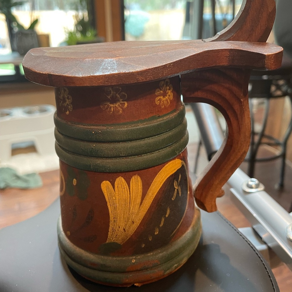 Antique Handcrafted Swedish Wooden Mug with Floral Design
